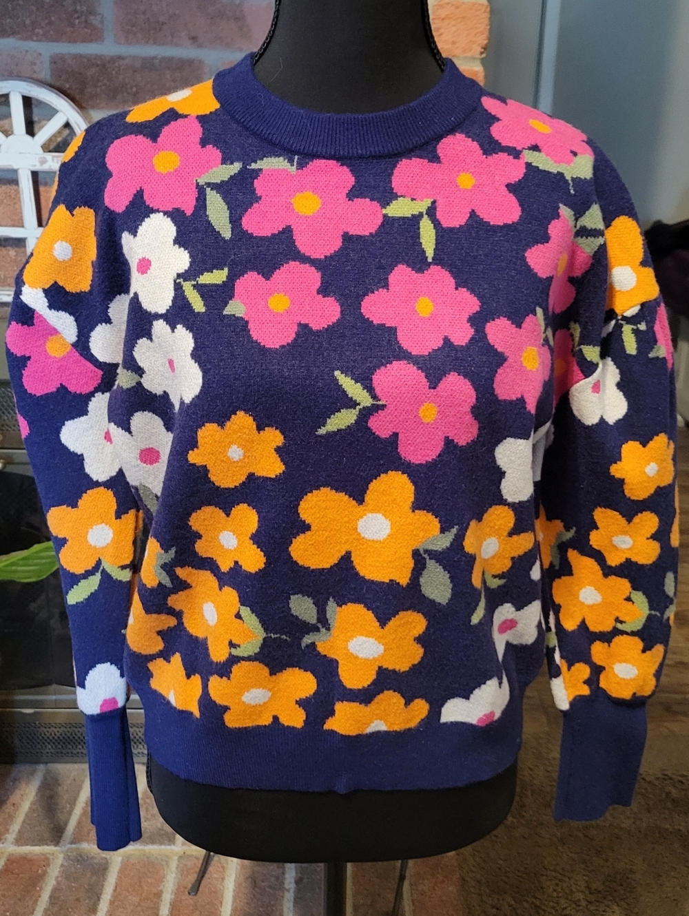 THML Navy Crewneck Sweater with Pink, Orange & White Floral Print